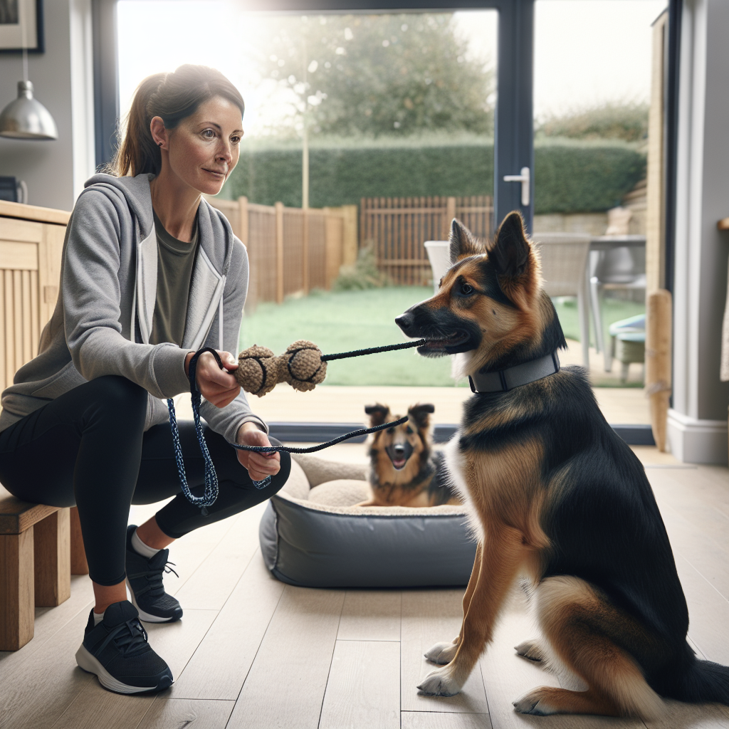 Trainer teaches a shepherd mix impulse control with a tug toy in a calm UK home setting
