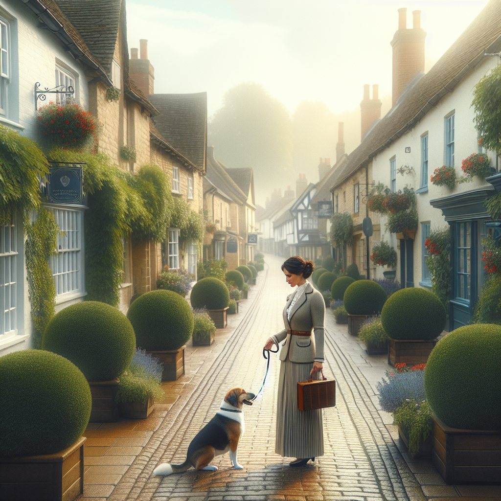 Trainer practising loose lead walking with a mixed-breed dog on a quiet UK village street in soft morning light