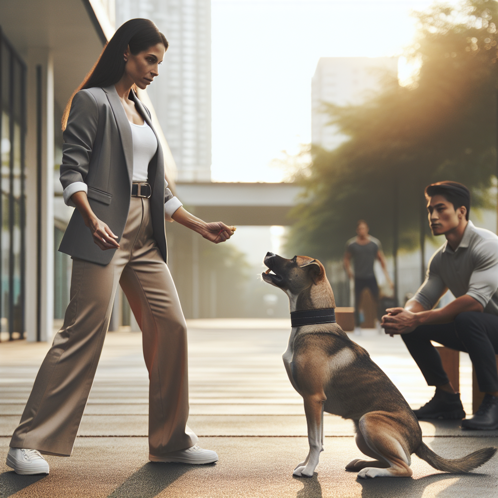 Trainer guiding a focused dog through calm heel and place work in a UK park