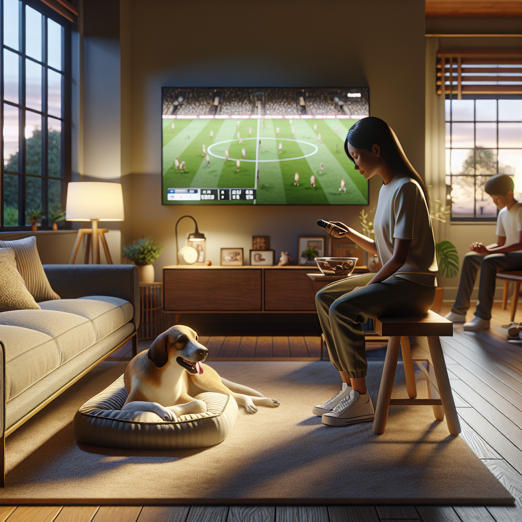 Dog resting calmly on a place bed while a trainer rewards quiet behaviour near a TV in a UK living room