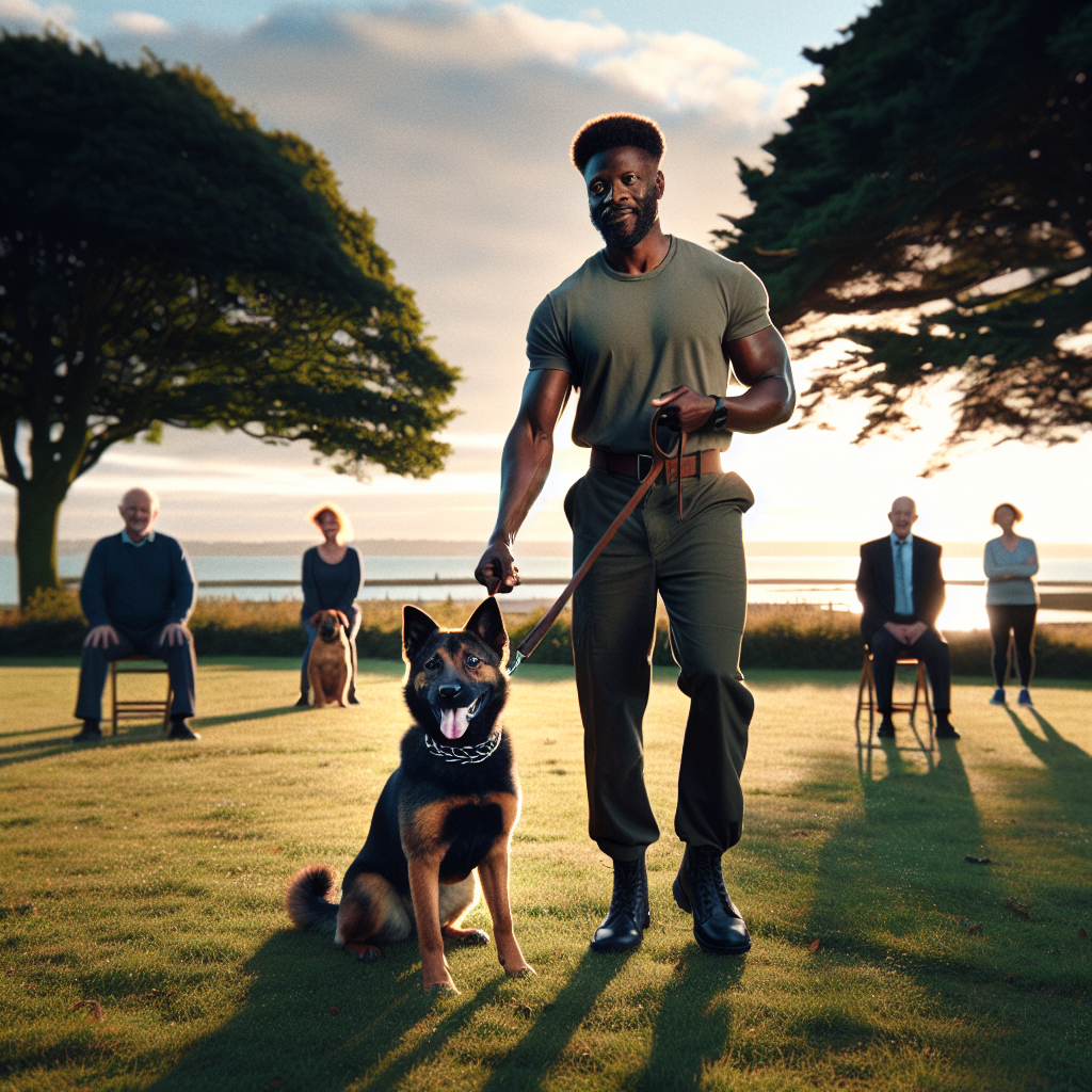 Smart trainer practising loose lead and recall with a dog in a Havant park
