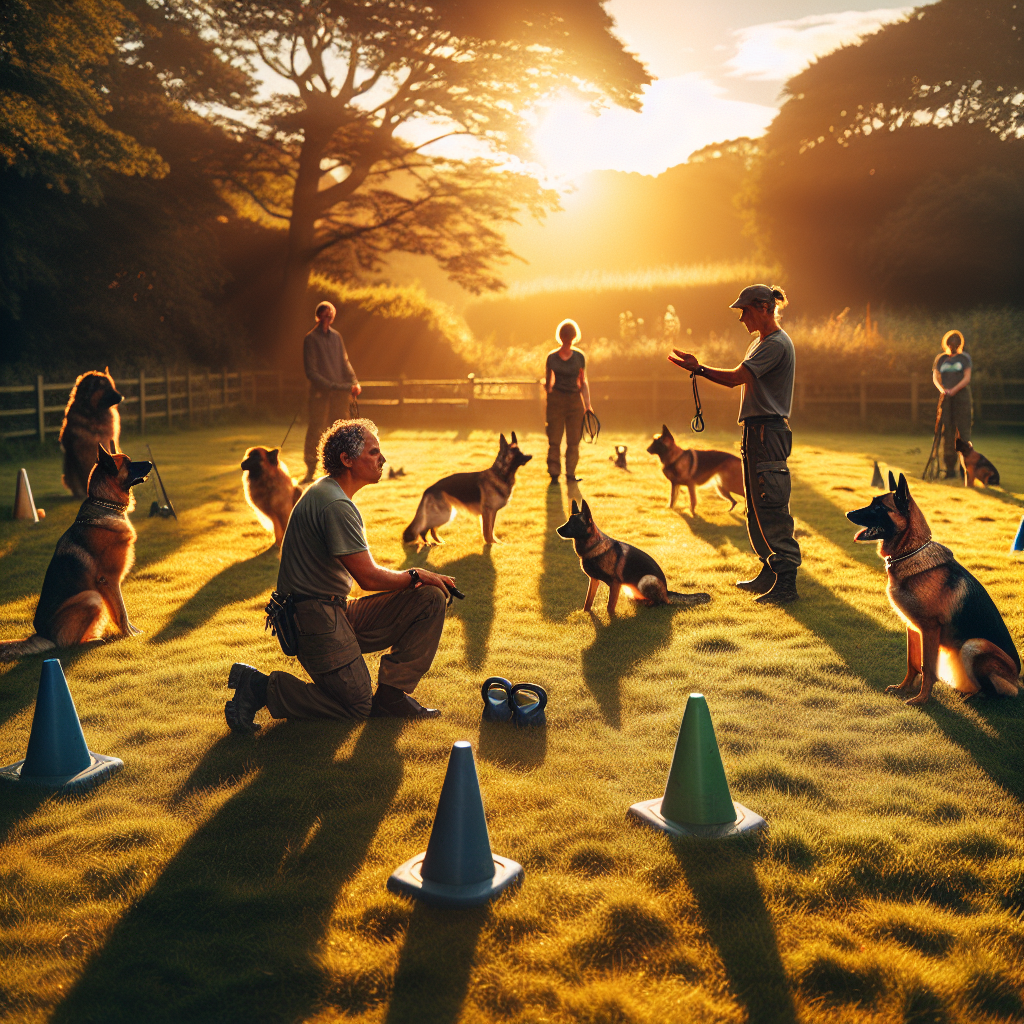 Smart trainer coaching handlers and dogs at a UK sport obedience club on a grass field with cones and dumbbells