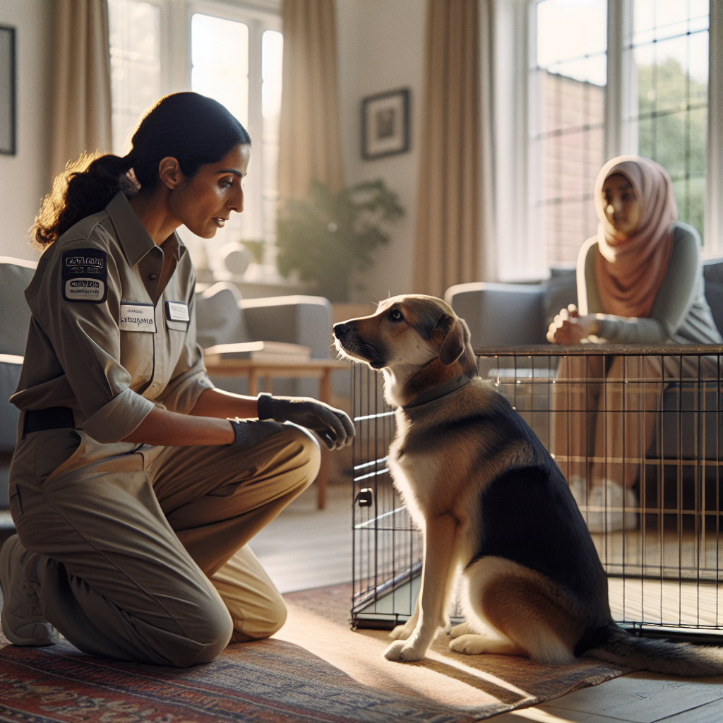 Smart trainer guiding a calm mixed breed dog to settle in a crate during a recovery session in a UK home