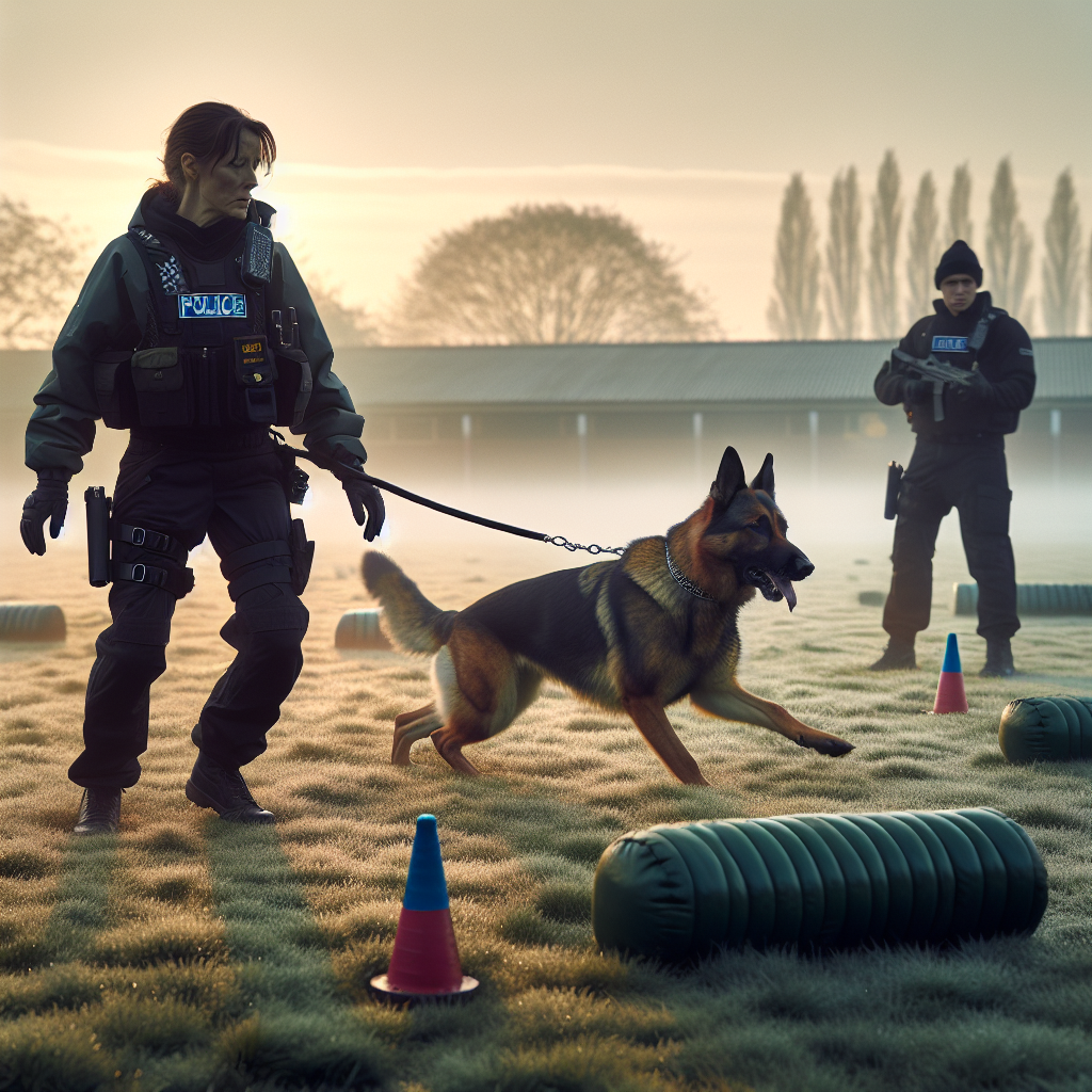 Handler and German Shepherd rehearsing IGP trial simulation with blinds, helper, and field markers at sunrise