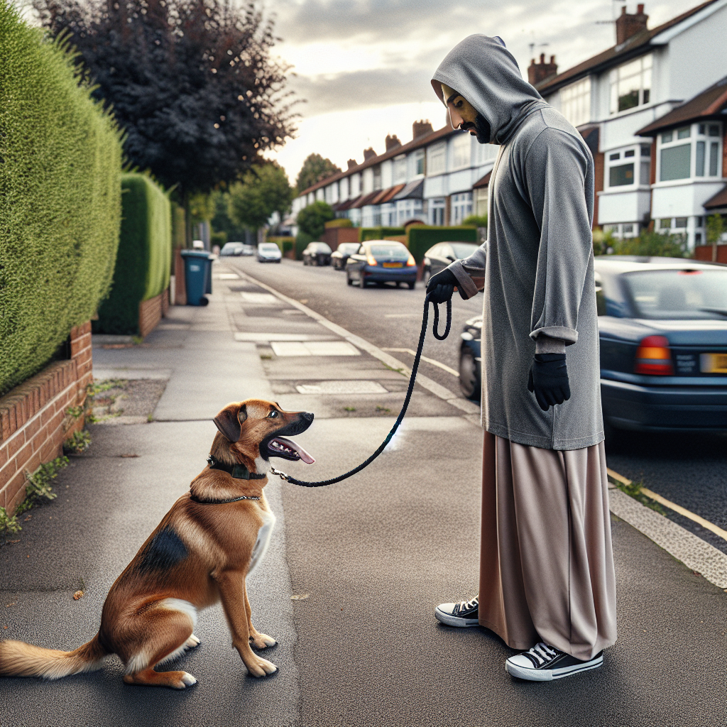 Trainer guiding a dog in a calm heel on a UK pavement while a car passes at a safe distance
