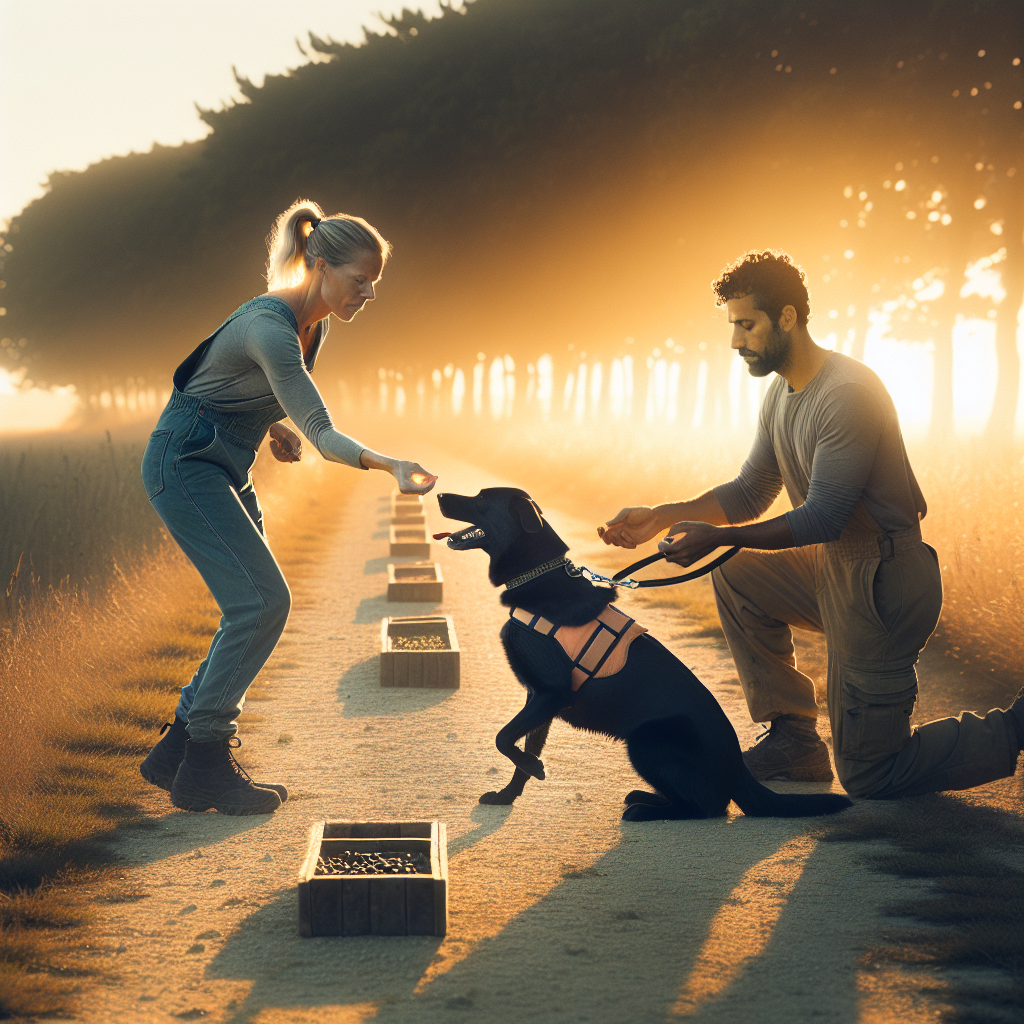 Trainer practising back transport with a focused working dog behind a calm helper in a UK training field