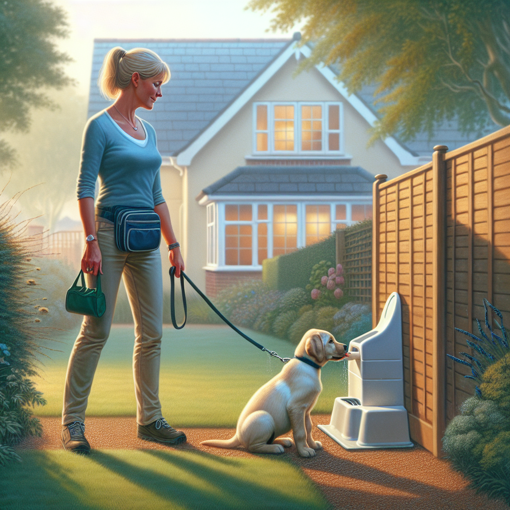 Trainer guiding a Labrador puppy on lead to toilet on grass in a UK garden, rewarding calmly after success