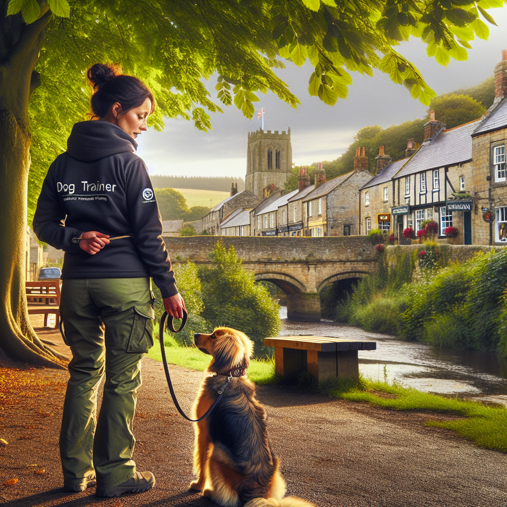 Trainer coaching loose lead walking and recall with a focused dog in a leafy Morpeth town setting