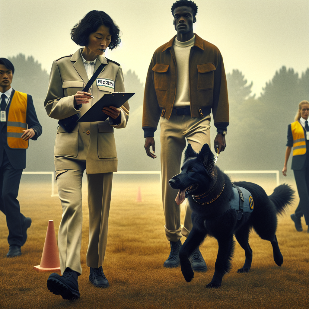 Dog holding heel with stewards moving nearby on a UK training field, showing neutrality and focus