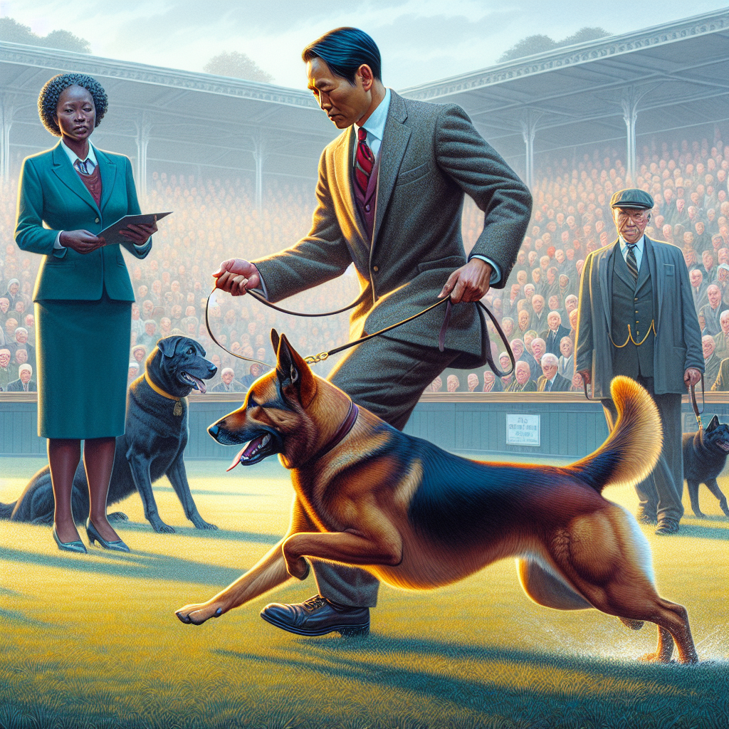 Handler and working dog showing calm focused heelwork on a UK trial field