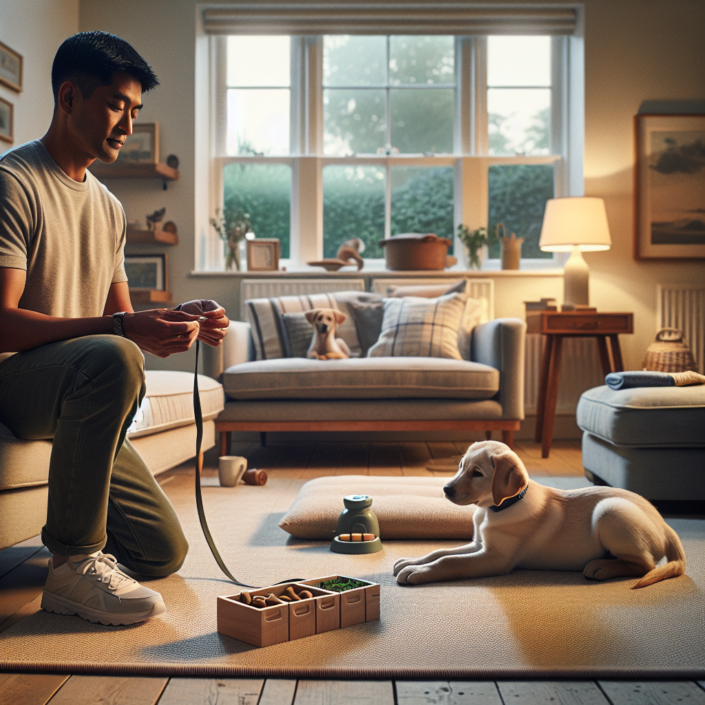 Puppy resting on a raised bed while a trainer sets up a calm scent game in a UK living room