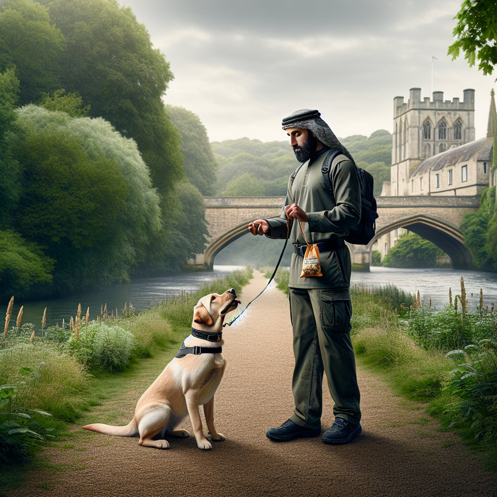 Trainer practising loose lead walking with a young Labrador on a riverside path in a historic UK city