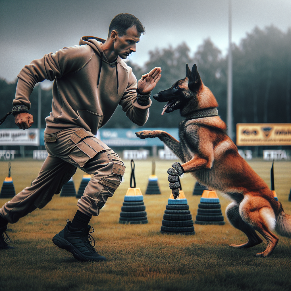 Trainer and Belgian Malinois performing focused heelwork on a UK sport field