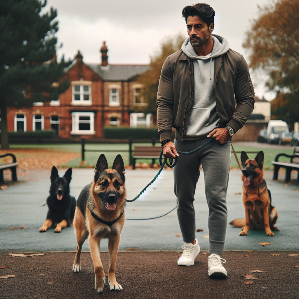 Smart trainer practising loose lead walking and recall with two dogs in a Nottinghamshire park