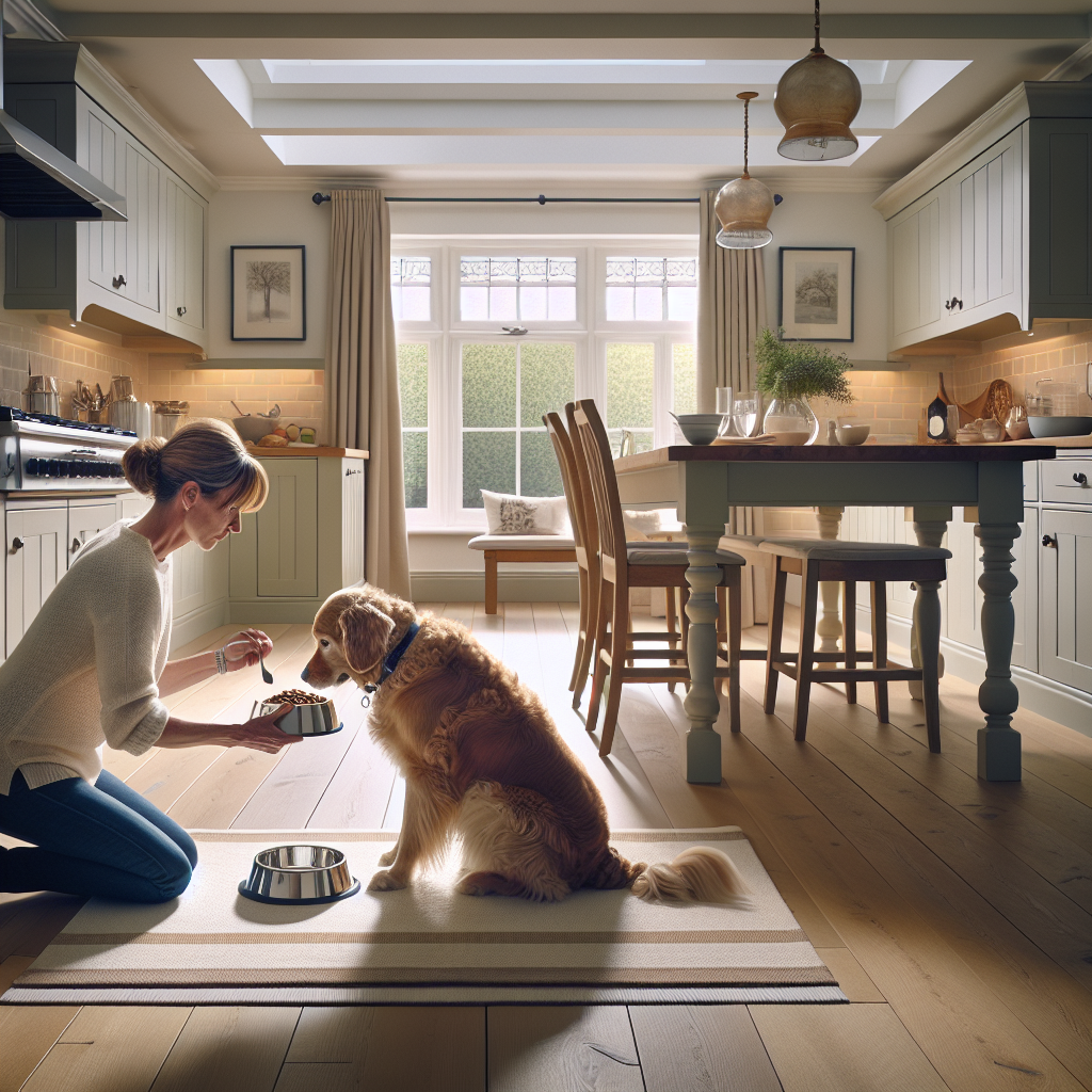 Dog waiting calmly on a mat while a trainer lowers a food bowl in a bright UK kitchen