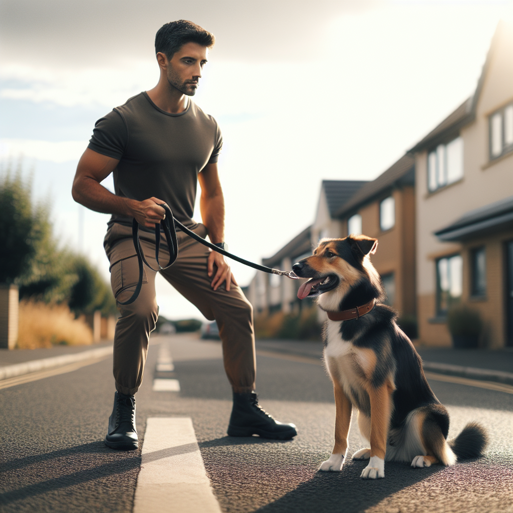 Trainer practising calm leash handling with a relaxed mixed-breed dog on a loose leash in a quiet UK street