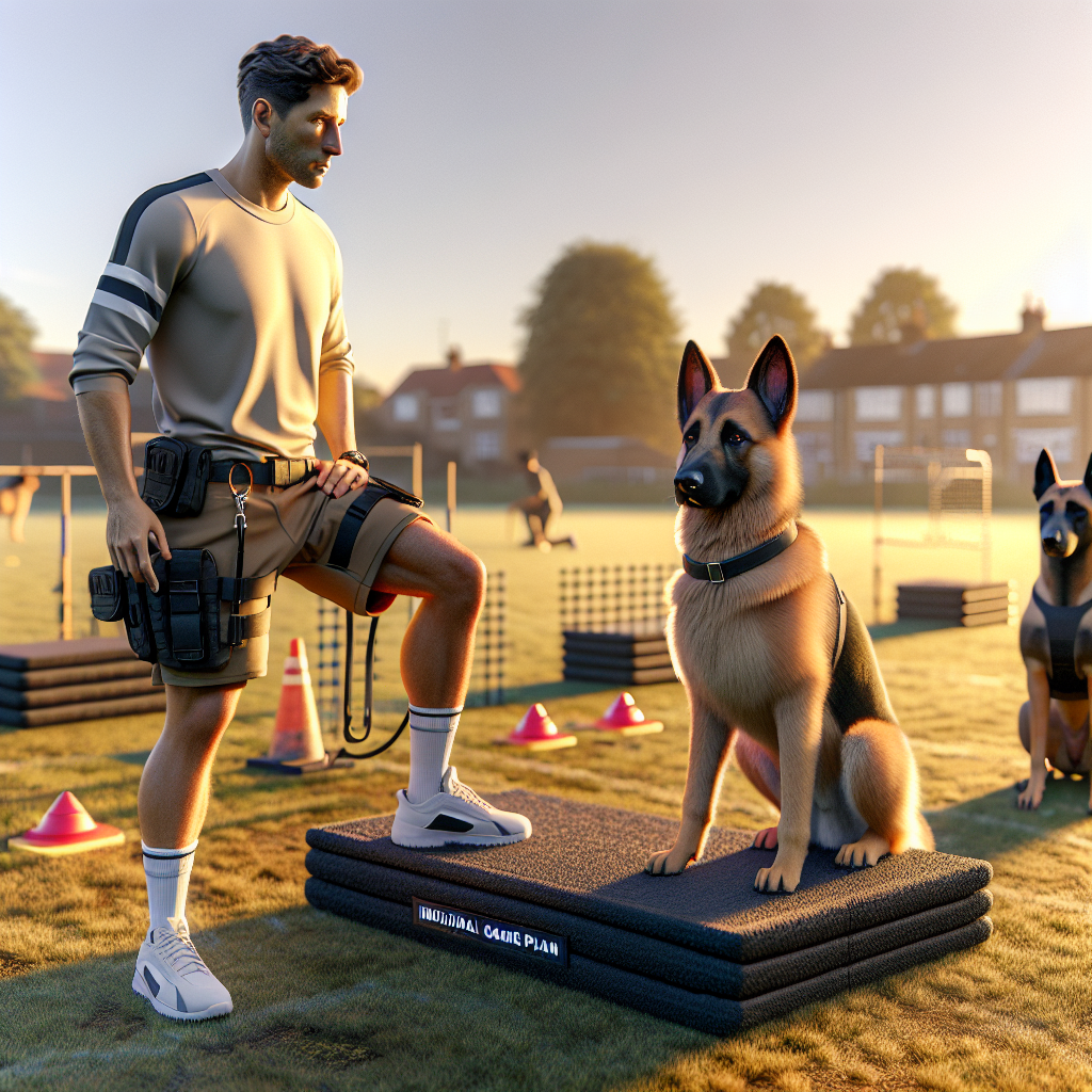 Trainer assessing IGP temperament with a German Shepherd and Malinois on a UK training field at sunset