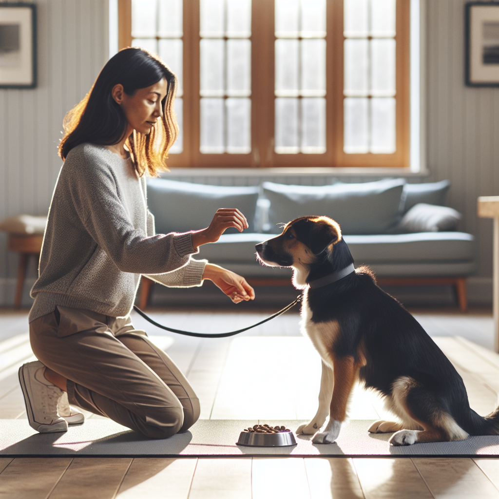 Trainer helping a mixed breed dog settle calmly on a mat during a training session