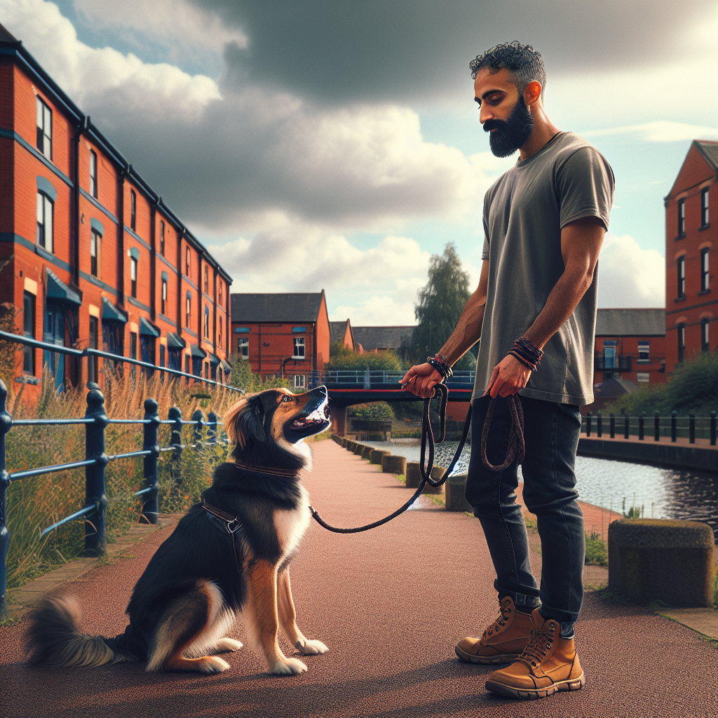 Trainer practising loose lead walking and recall with a mixed breed dog in a West Midlands park