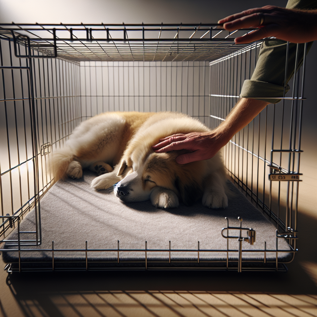 Calm dog resting in a crate after a training session in a quiet UK home