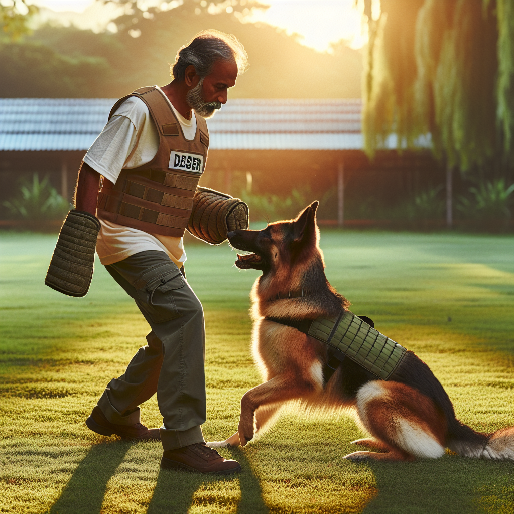 Trainer and German Shepherd practising IGP obedience and controlled bite work on a UK training field at sunset