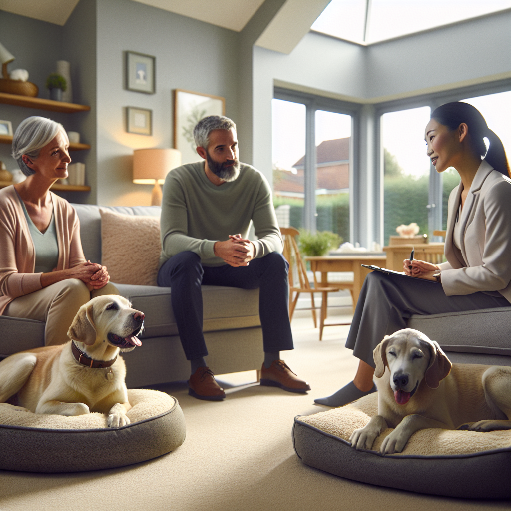 Trainer guiding two pet dogs to settle on Place beds in a UK family living room