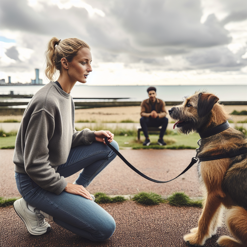 Trainer practising loose lead walking with a medium dog in a Sunderland coastal park