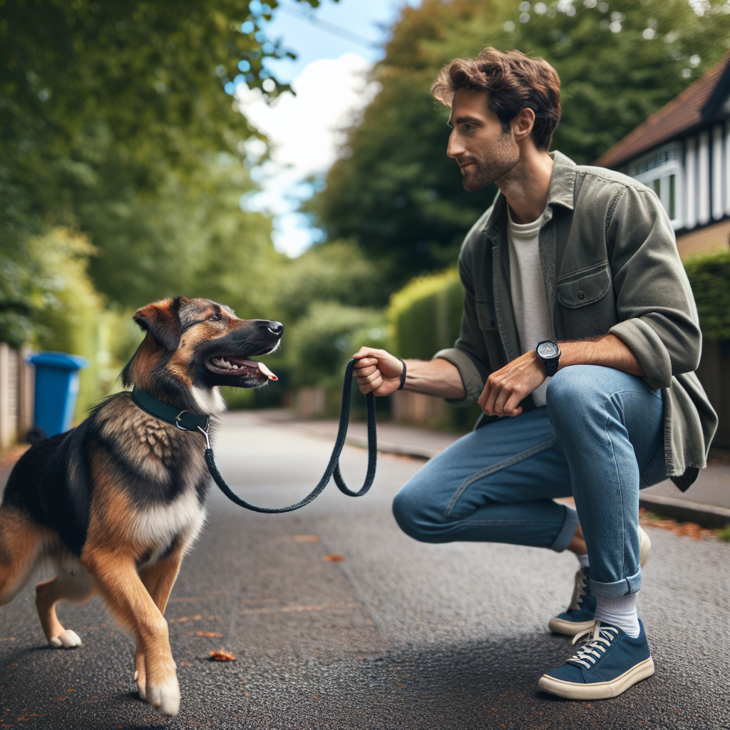 Trainer guiding a mixed breed dog in a loose leash heel without food, rewarding with praise and a release to sniff