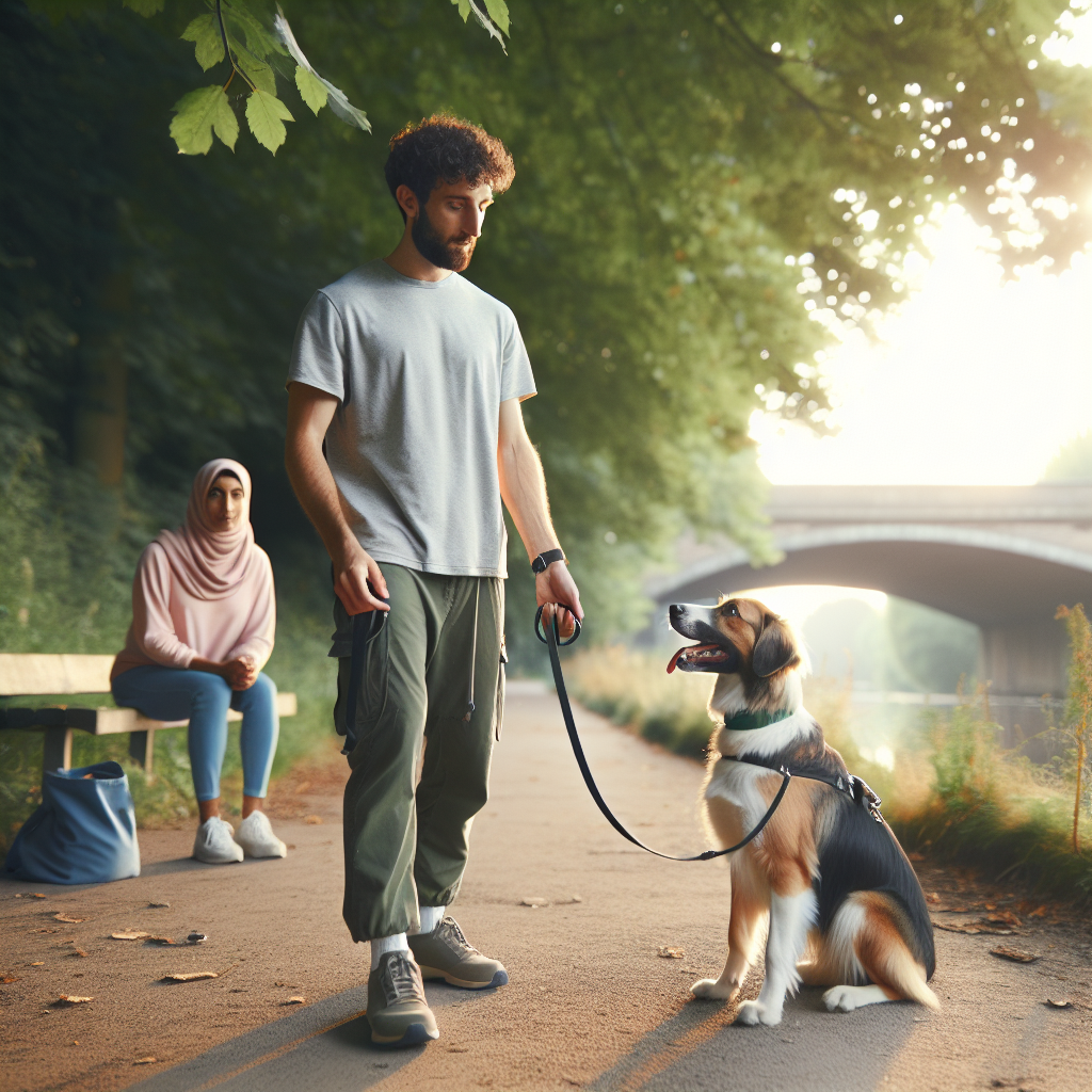 Trainer guiding a mixed breed dog on a riverside path in Stockport while practising loose lead walking and recall