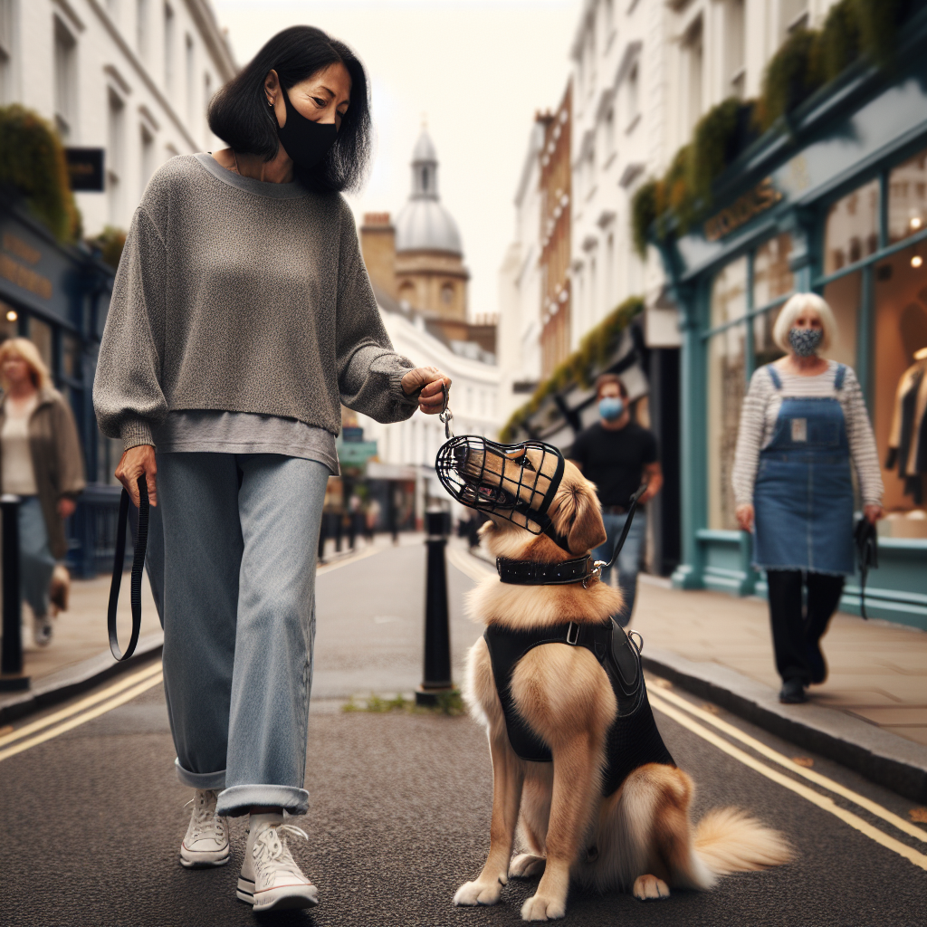 Trainer rewarding a reactive dog wearing a basket muzzle during a calm heel on a UK street