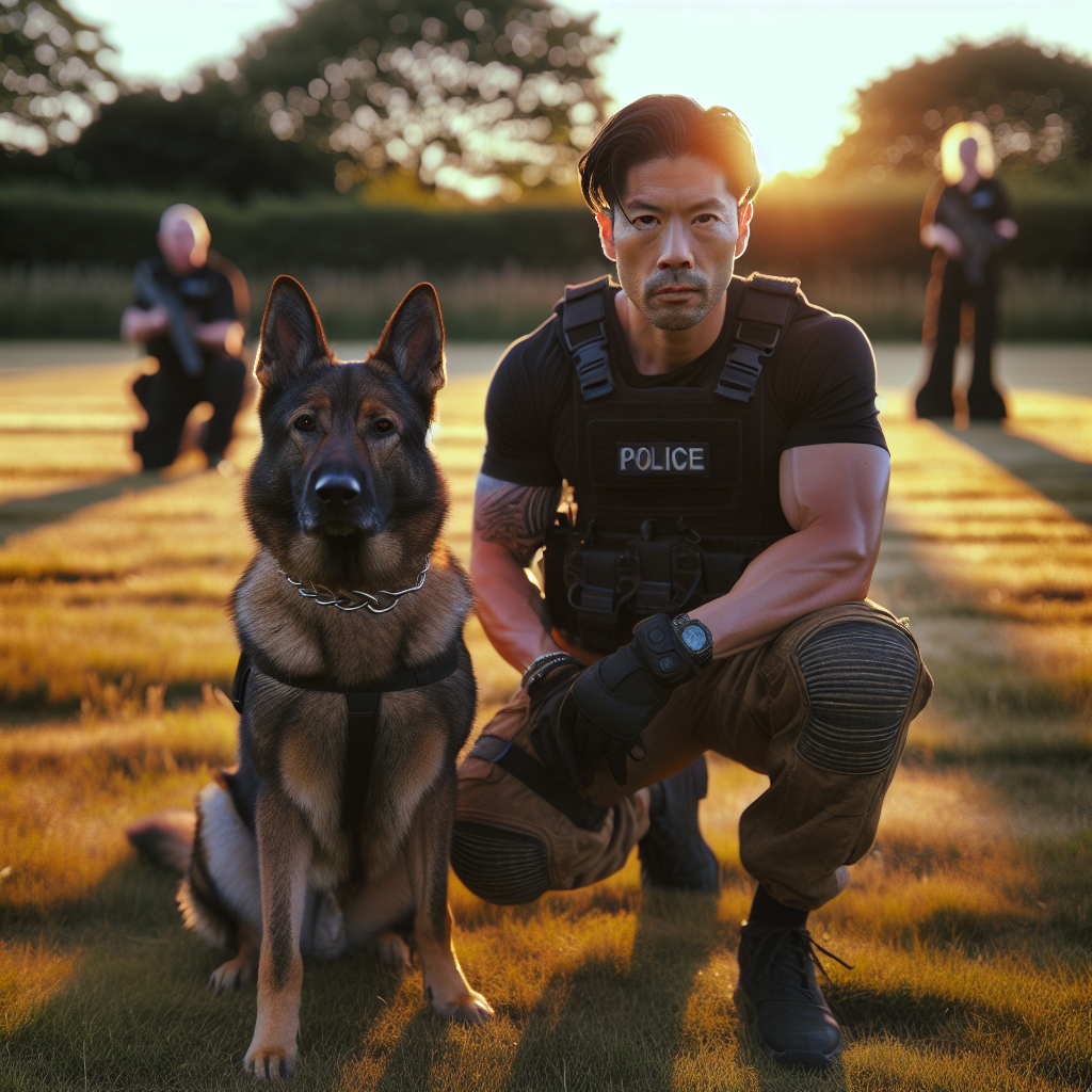 German Shepherd heeling in IGP training with handler and helper on a UK field at sunset