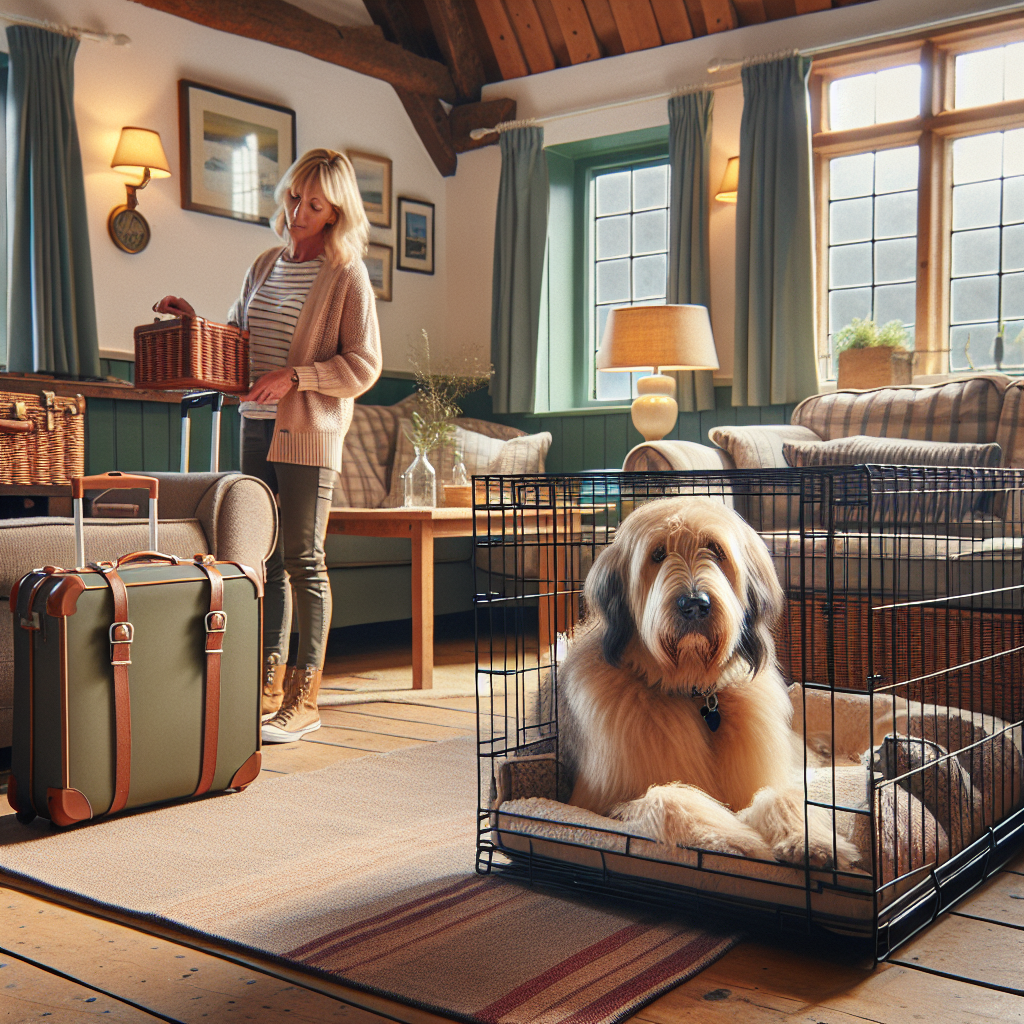 Calm family dog resting in a travel crate set up in a UK holiday cottage living room