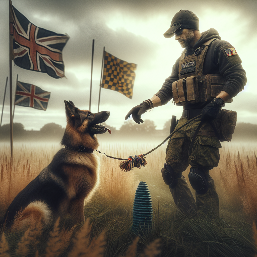 UK trainer guiding a German Shepherd through an IGP heel on grass with tracking flags and a tug toy nearby