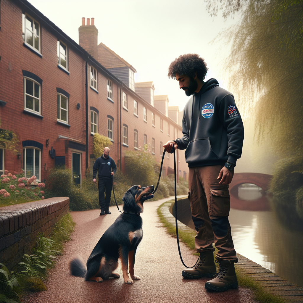 SMDT trainer practising loose lead walking with a calm dog on a canalside path in Brownhills