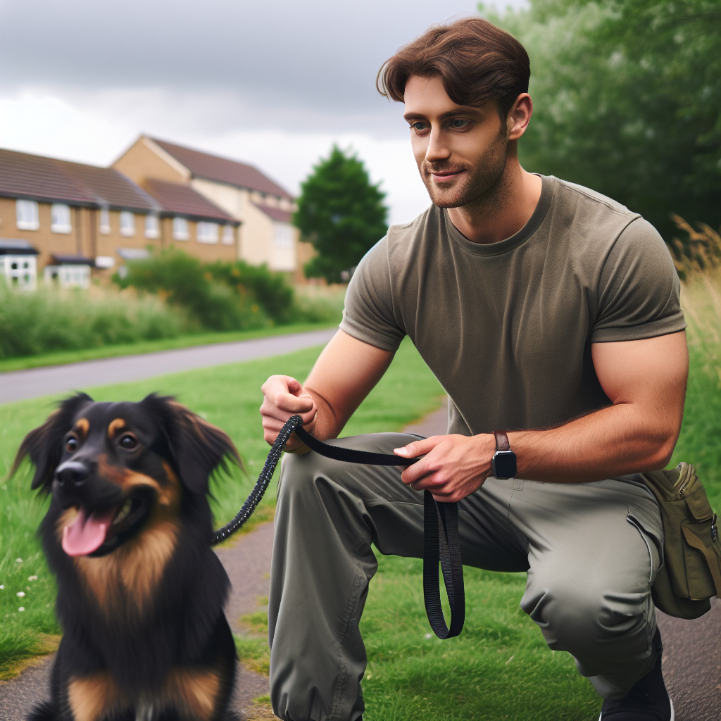 Smart trainer teaching loose lead walking and recall to a mixed breed dog in a Billingham green space