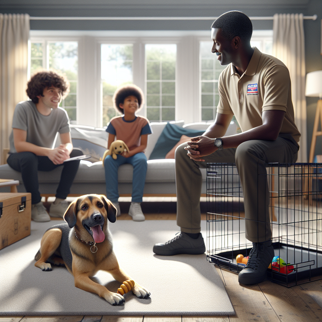 Trainer guiding a family while their dog relaxes in an open crate in a UK living room