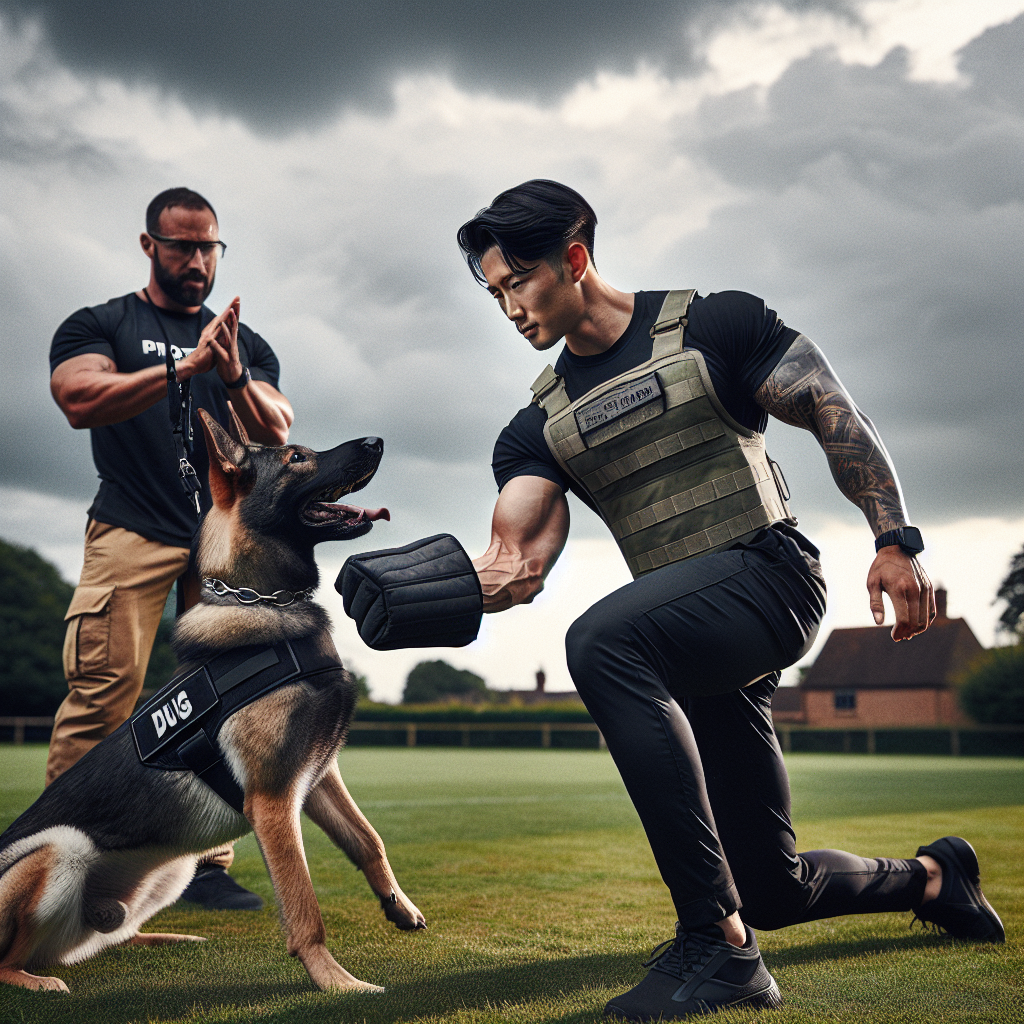 Smart trainer coaching a working dog through an out and rebite during bitework on a UK field