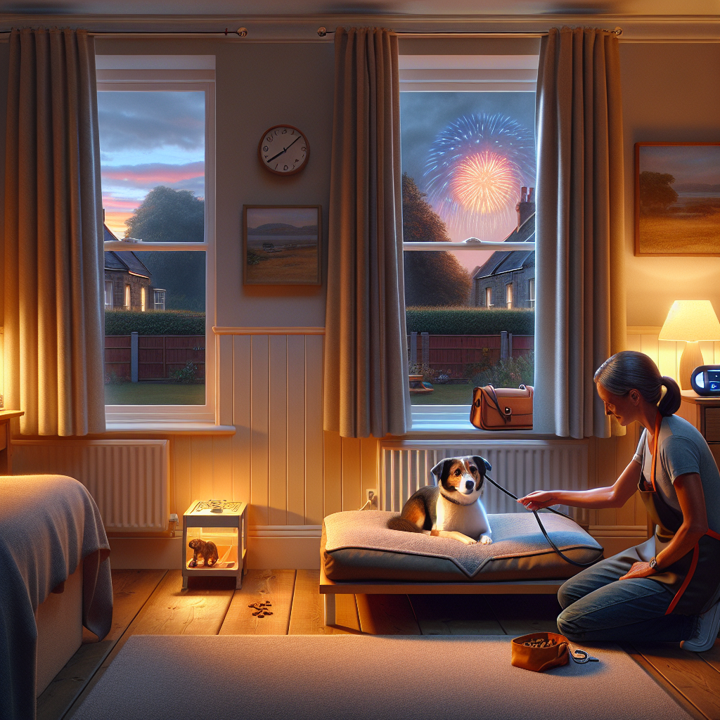 Trainer guiding a dog to relax on a bed indoors while fireworks glow outside a UK home window