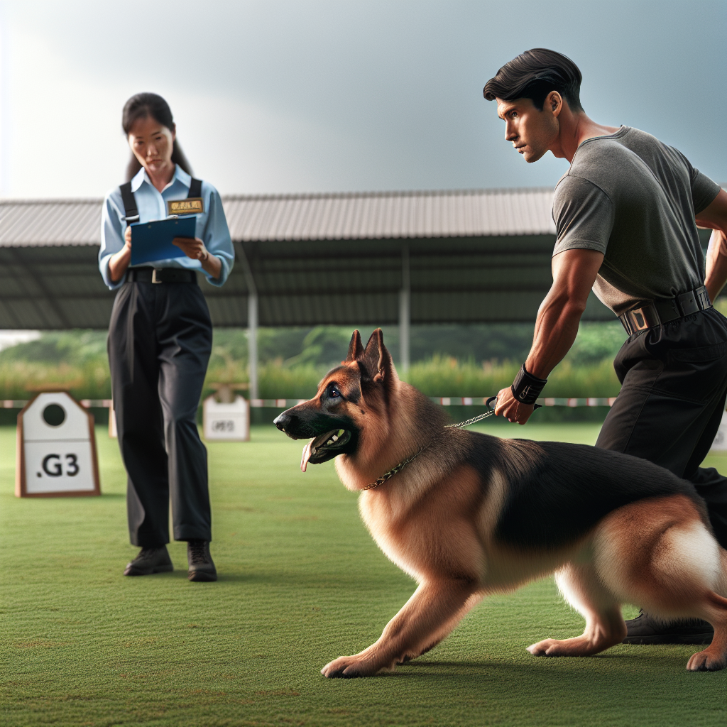 Handler and German Shepherd heeling in an IGP obedience routine while a judge scores the performance
