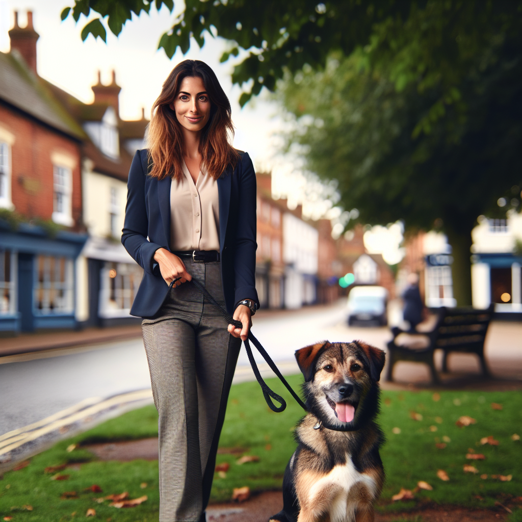 Trainer practising loose lead walking with a mixed breed dog in a leafy UK market town park