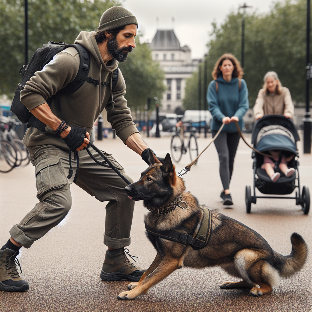 Trainer walking past as dog drops into a reliable down in a UK park with light distractions