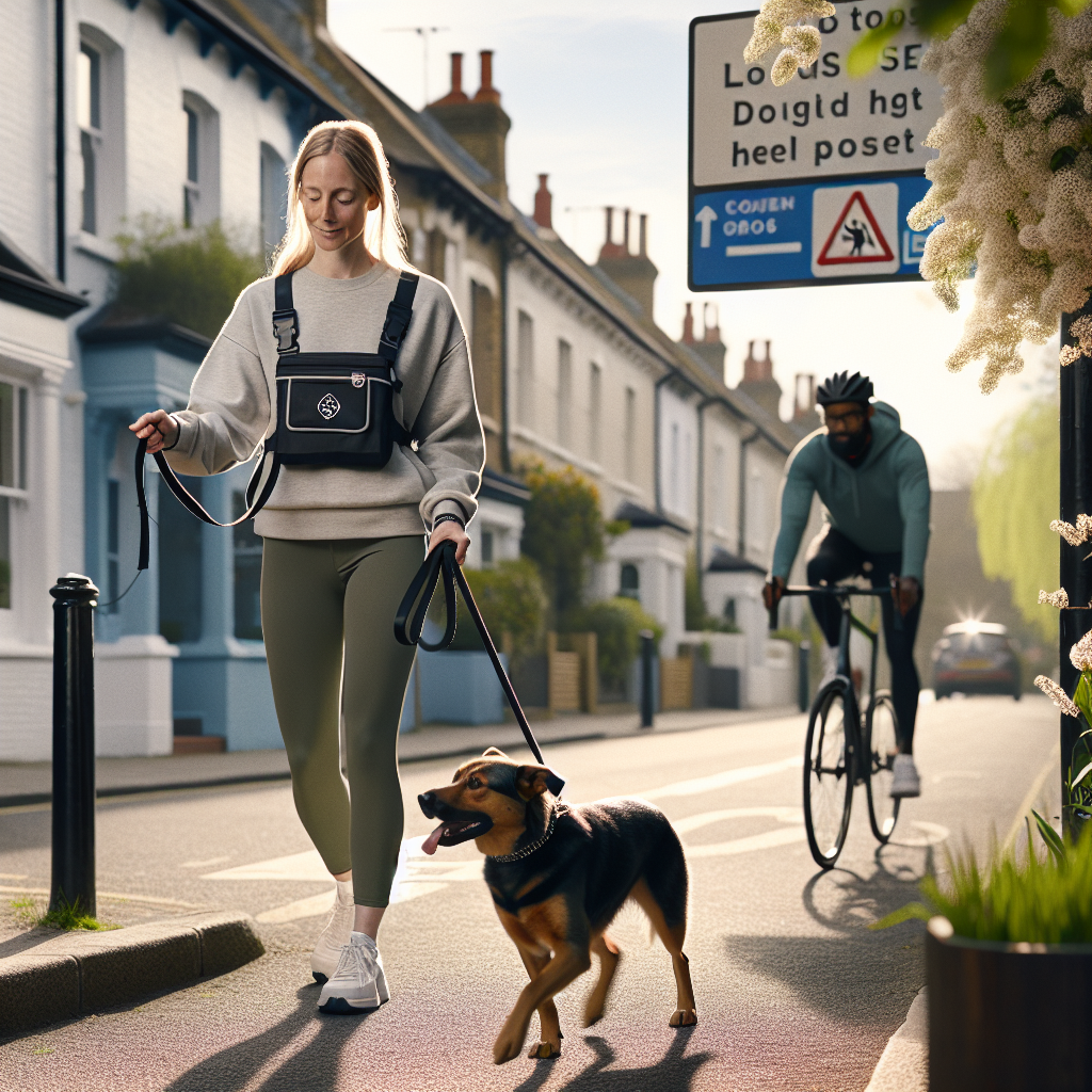UK trainer guiding a dog at heel with a cyclist passing as a calm loose-lead exercise