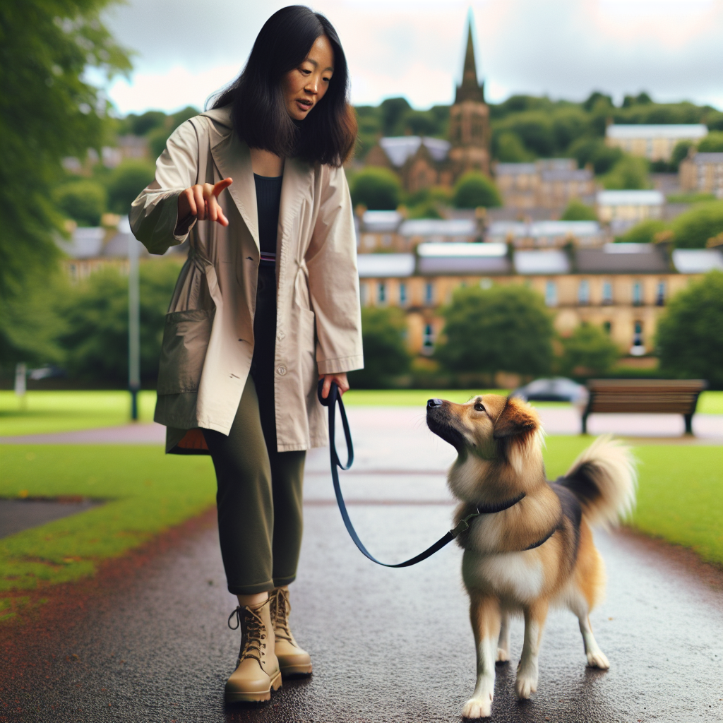 Smart Master Dog Trainer practising loose lead walking with a mixed-breed dog in a Hamilton park