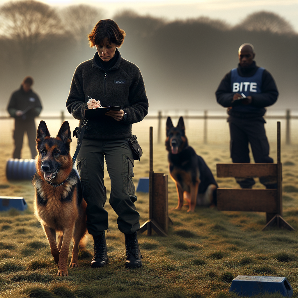 Dog and handler in precise heel on a UK IGP field as a judge records scores and a helper waits with a sleeve in the background