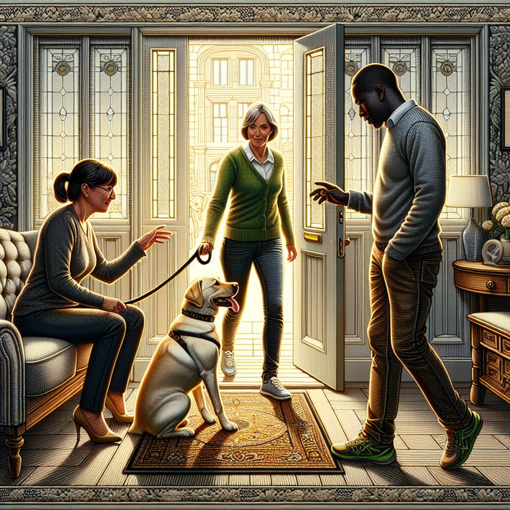 A trainer guides a Labrador to sit calmly on a mat as a visitor enters a UK home