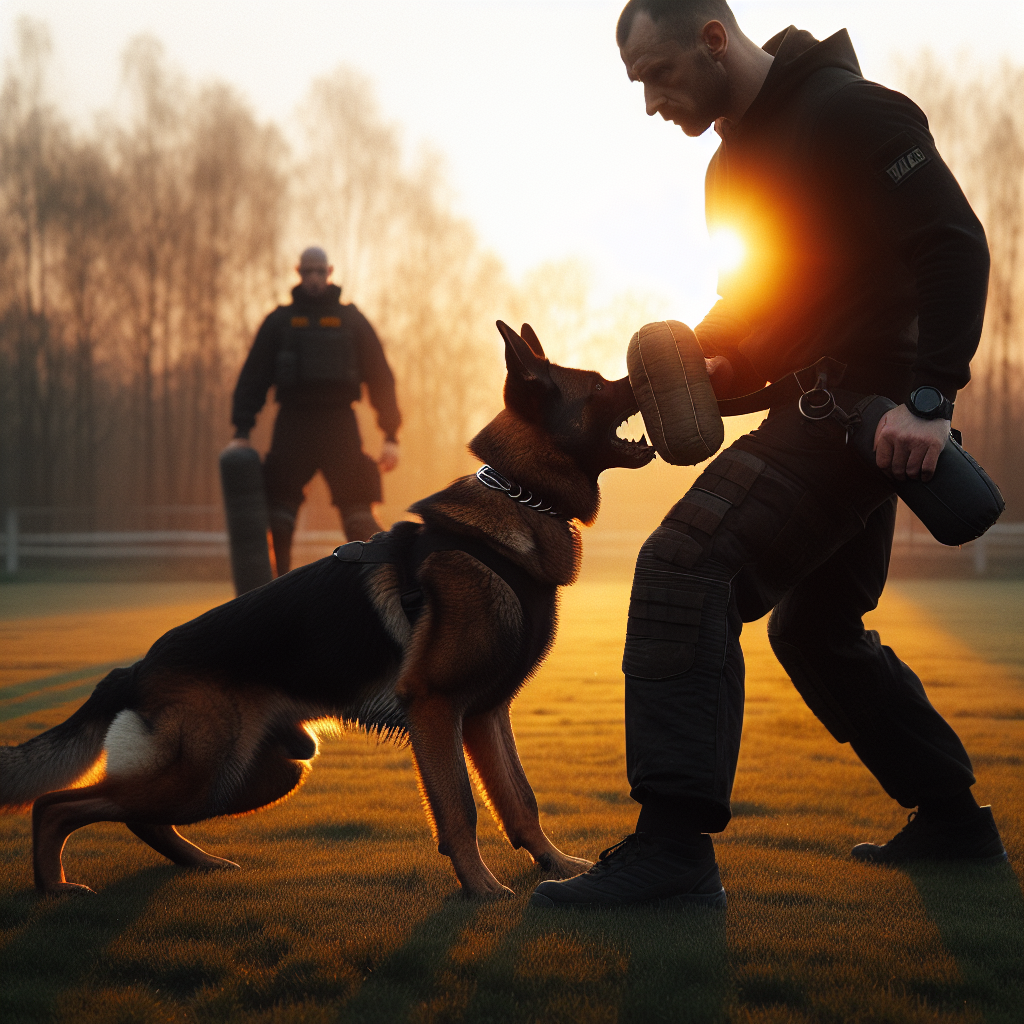 Handler reading a German Shepherd’s body language before bitework on a UK IGP field