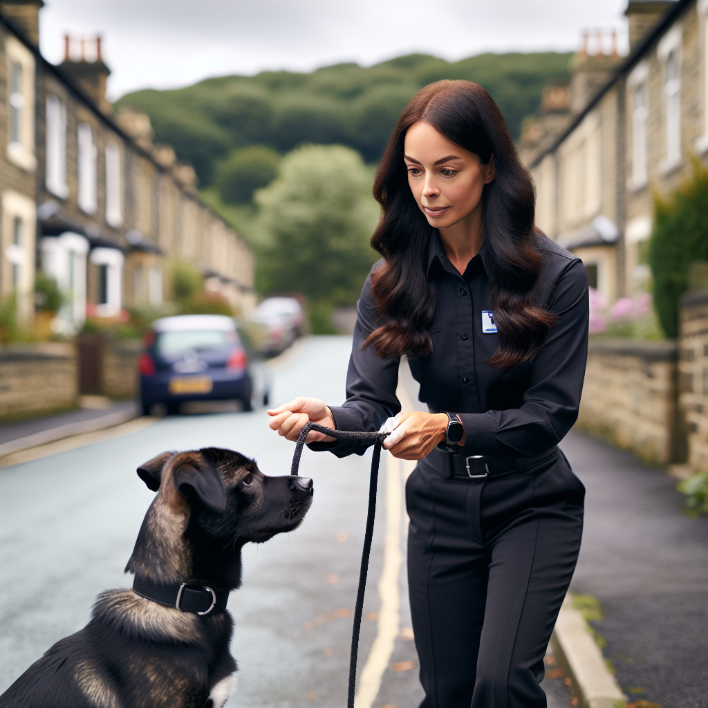 Trainer practising loose lead and recall with a mixed-breed dog on a quiet Huddersfield street