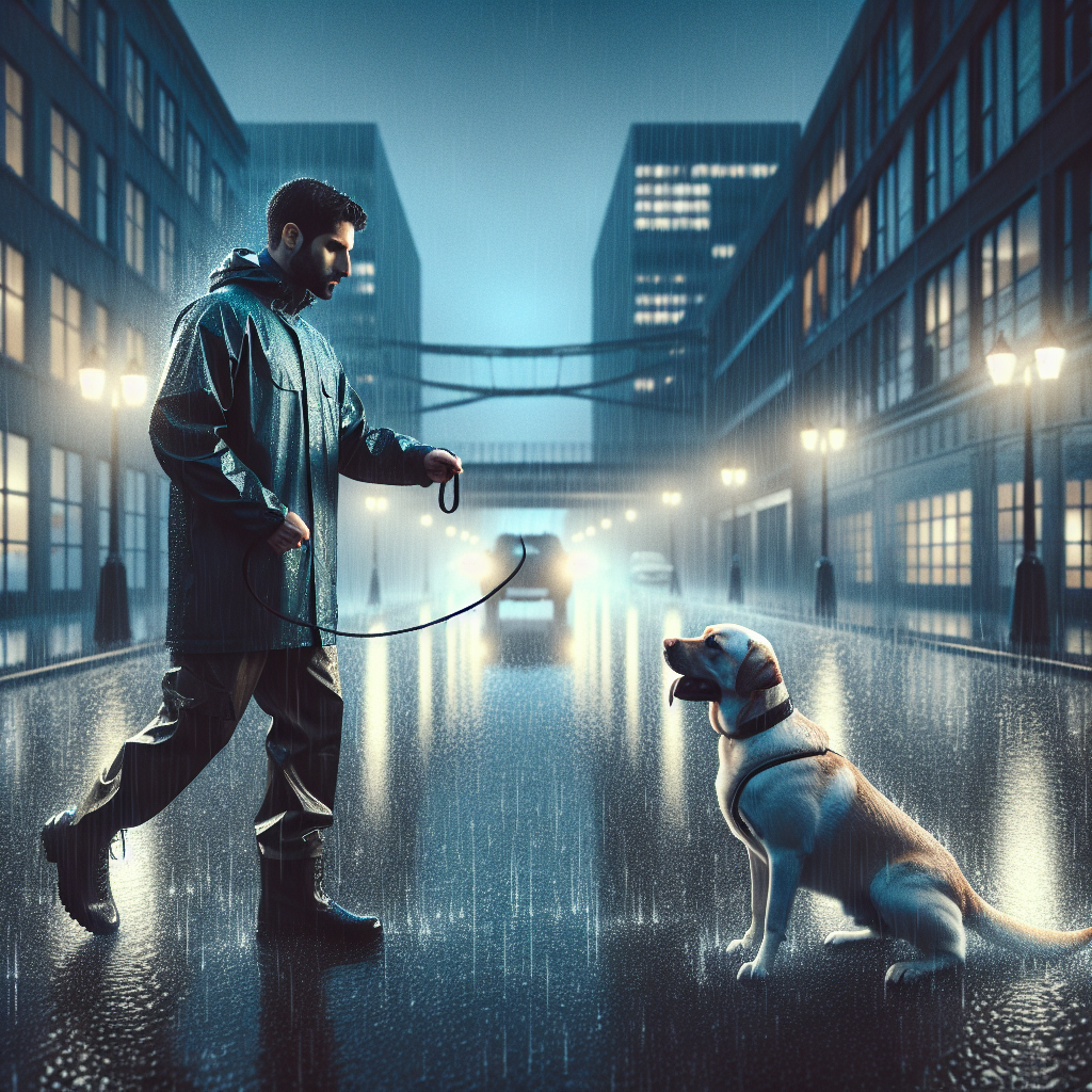 Trainer working heel with a Labrador on a wet UK pavement in light rain
