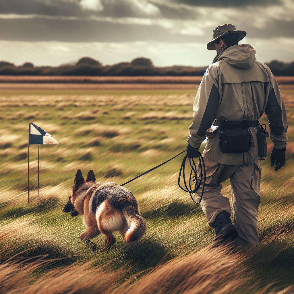 Trainer guides a German Shepherd on a long line to source scent in a windy UK field with flags marking wind direction