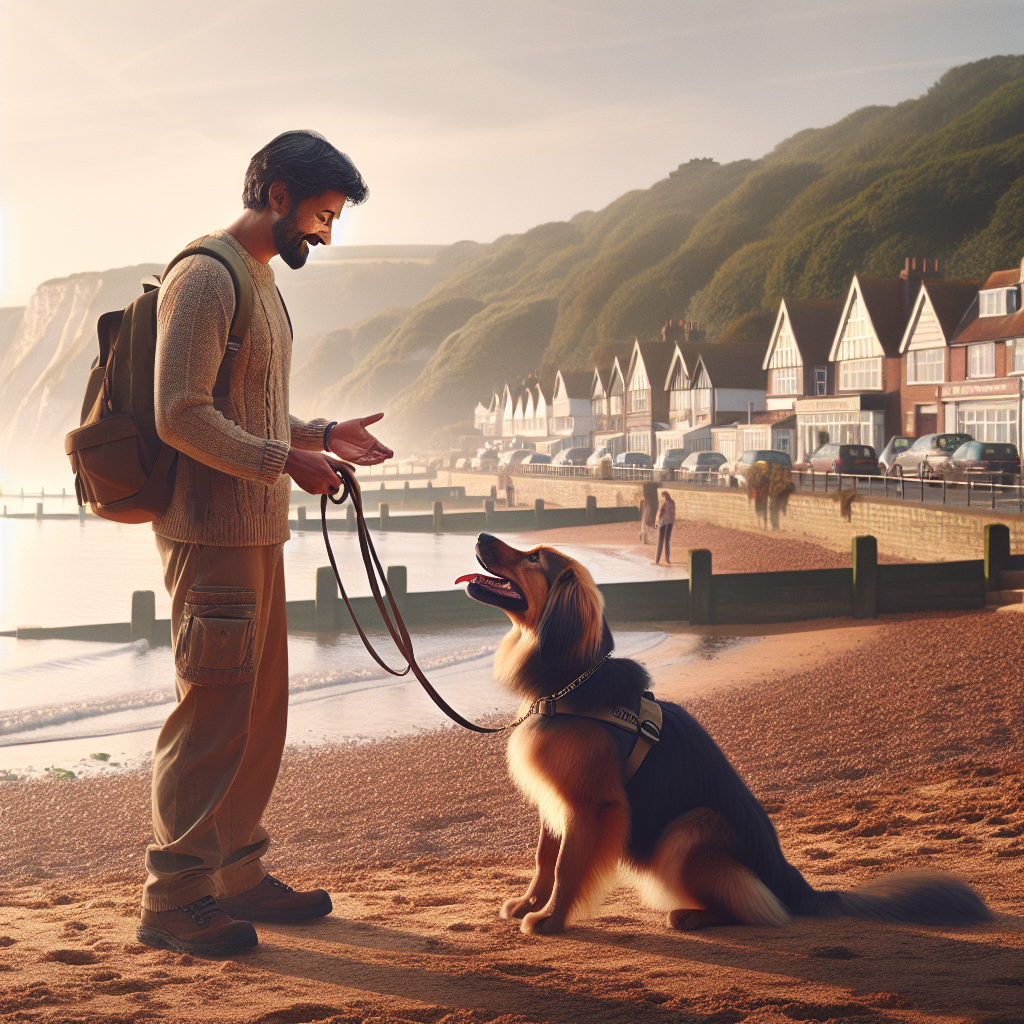 Trainer practising loose-lead walking and recall with a focused dog near a UK coastal path